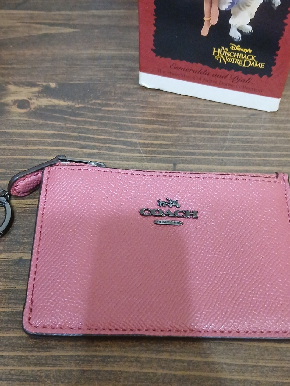 Coach Pink Saffiano Leather Zip Card Case with Keyring EUC